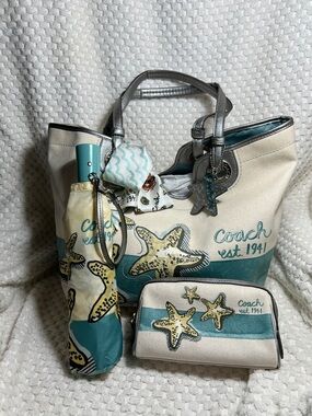 Coach Starfish Canvas Tote, Scarf, Umbrella & Makeup Pouch Set
